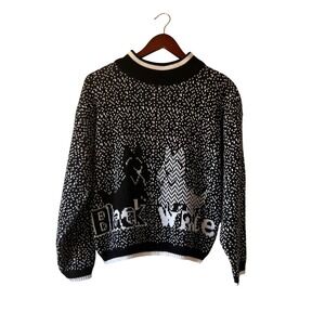 Vintage Dog Black White Patterned Mock Neck‎ Knit Sweater Size Large